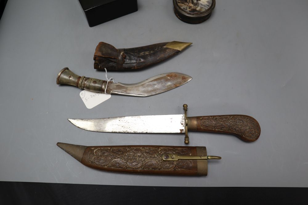 A Russian lacquer box, 15 x 11cm, two daggers and a tortoiseshell box